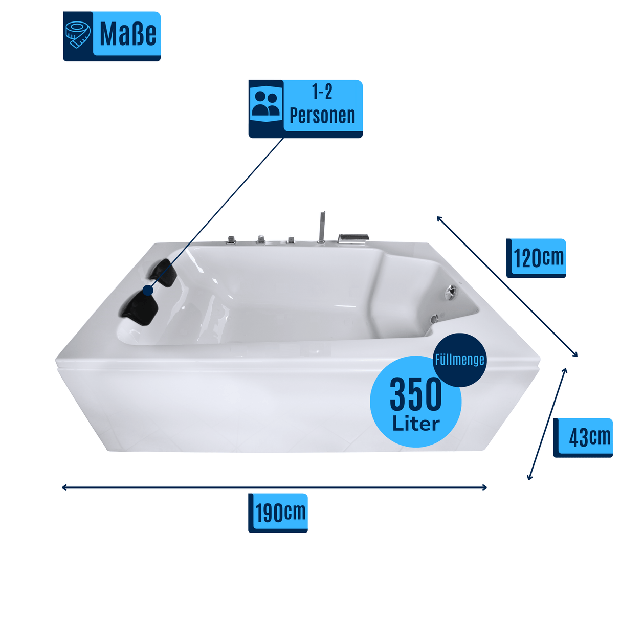 Classic Badewanne für 2 Personen - LED Ambiente, Wasserfall und Kopfstützen