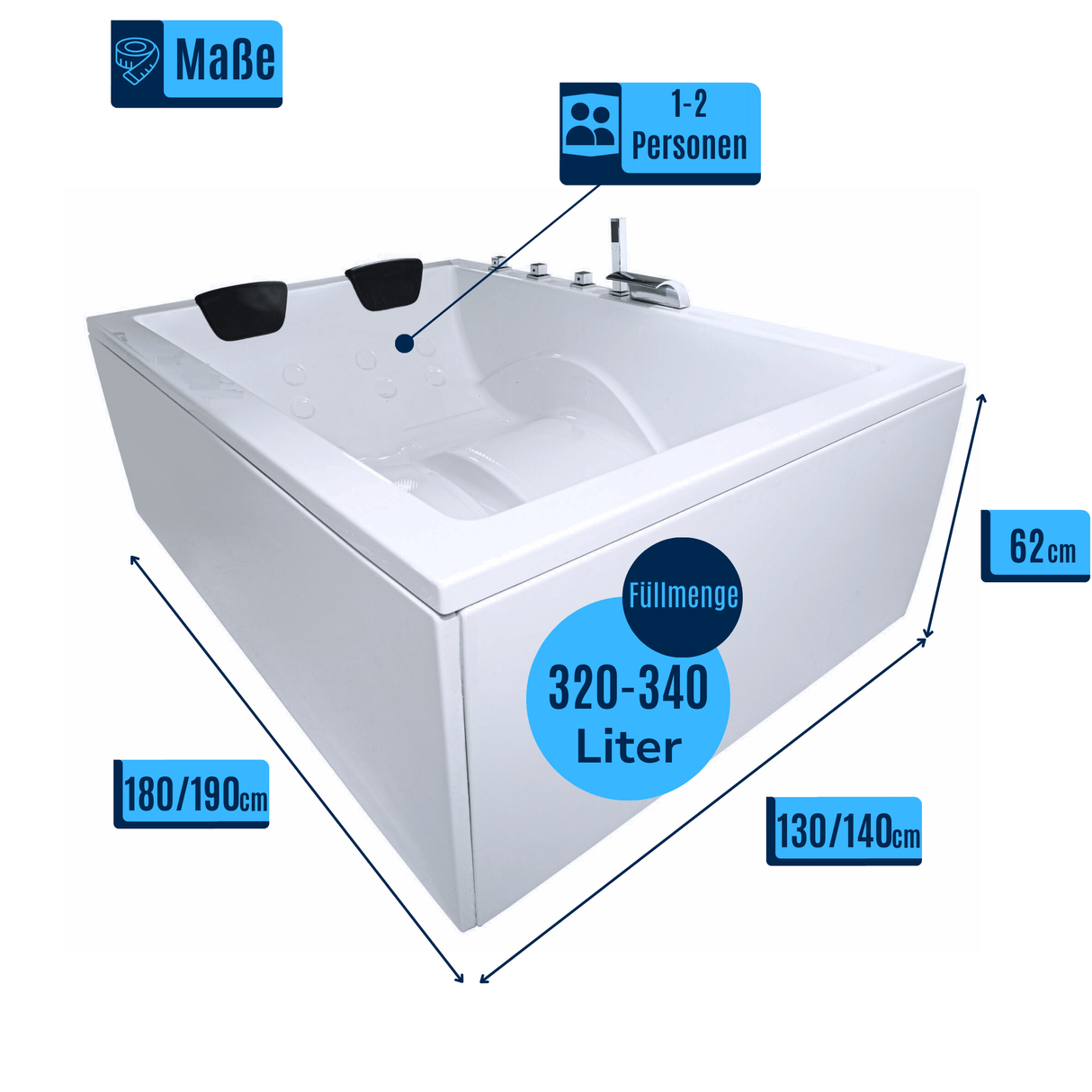 Dynasty Doppel-Badewanne für 2 Personen - LED Ambiente, Wasserfall und Kopfstützen