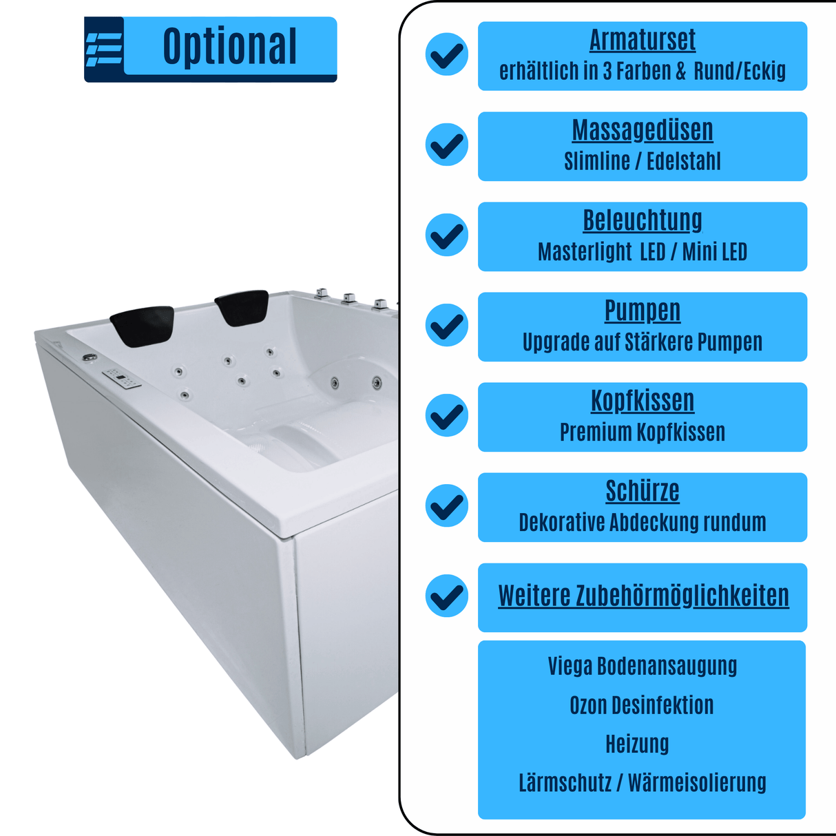 Dynasty XL Whirlpool Badewanne – 24 Massagedüsen, LED, Ozon & Heizung