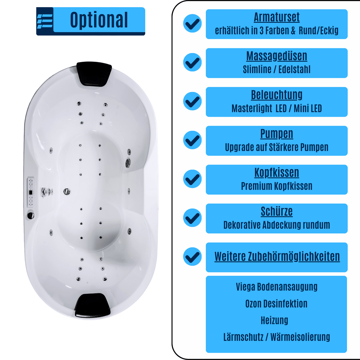 Miami Indoor Whirlpool Badewanne – 29 Massagedüsen, LED, Ozon & Heizung