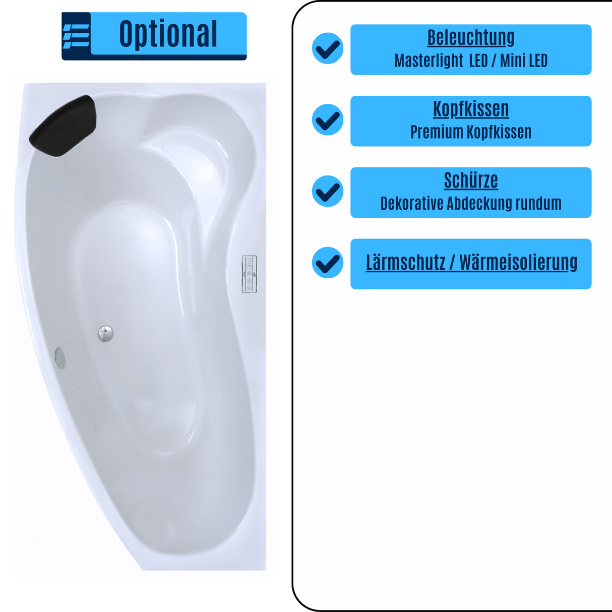 Mini Corner Badewanne für 2 Personen - LED Ambiente, Viega Ab- und Überlauf und Kopfstützen