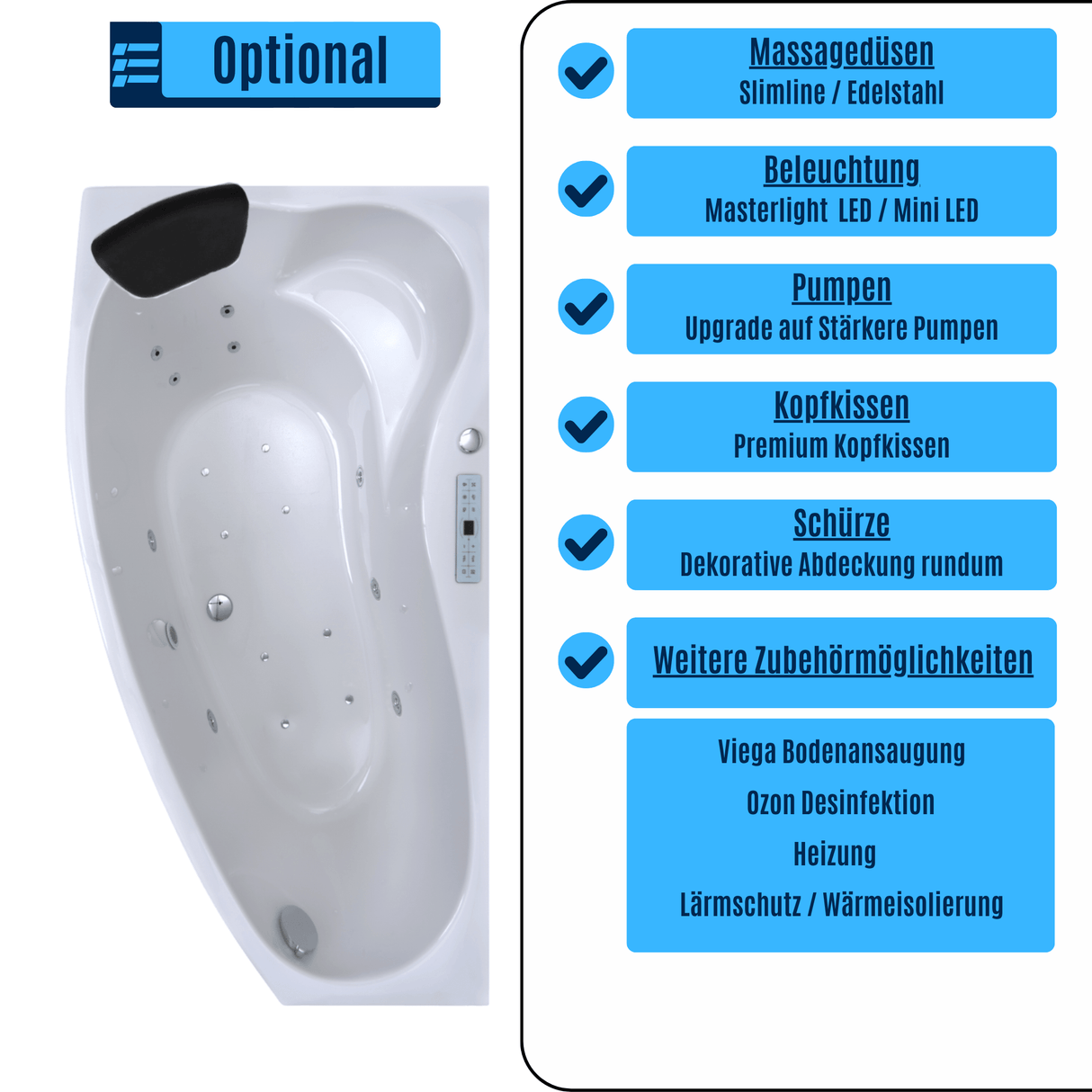 Mini Corner Indoor Whirlpool Badewanne – 17 Massagedüsen, LED, Ozon & Heizung
