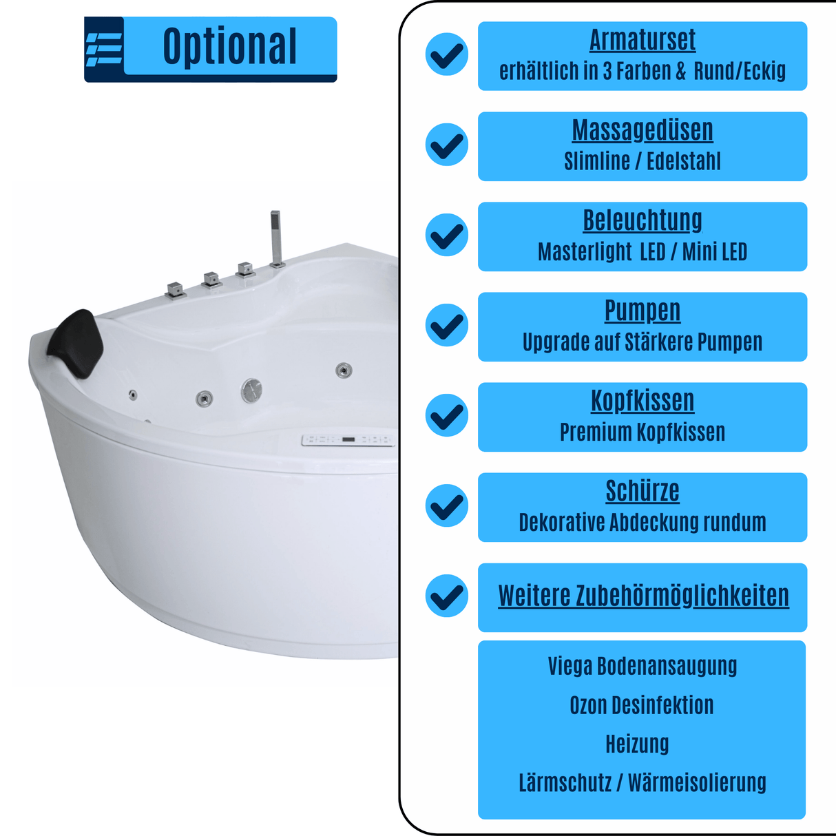 Vanaty Indoor Eck-Whirlpool Badewanne – 21 Massagedüsen, LED, Ozon & Heizung