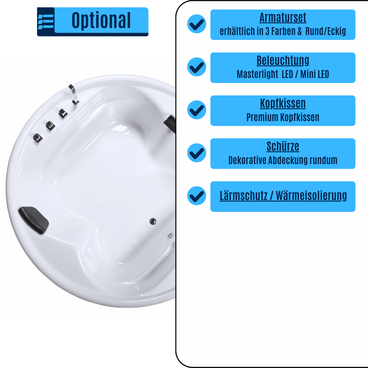 Vidal-XXL Badewanne für 2 Personen - LED Ambiente, Wasserfall und Kopfstützen