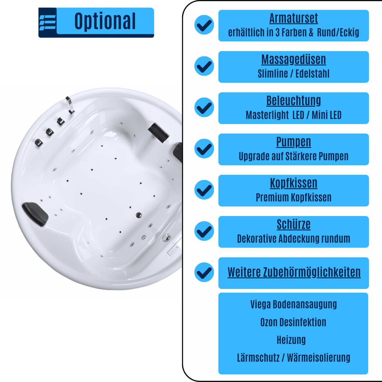 Vidal-XXL Indoor Whirlpool Badewanne – 28 Massagedüsen, LED, Ozon & Heizung