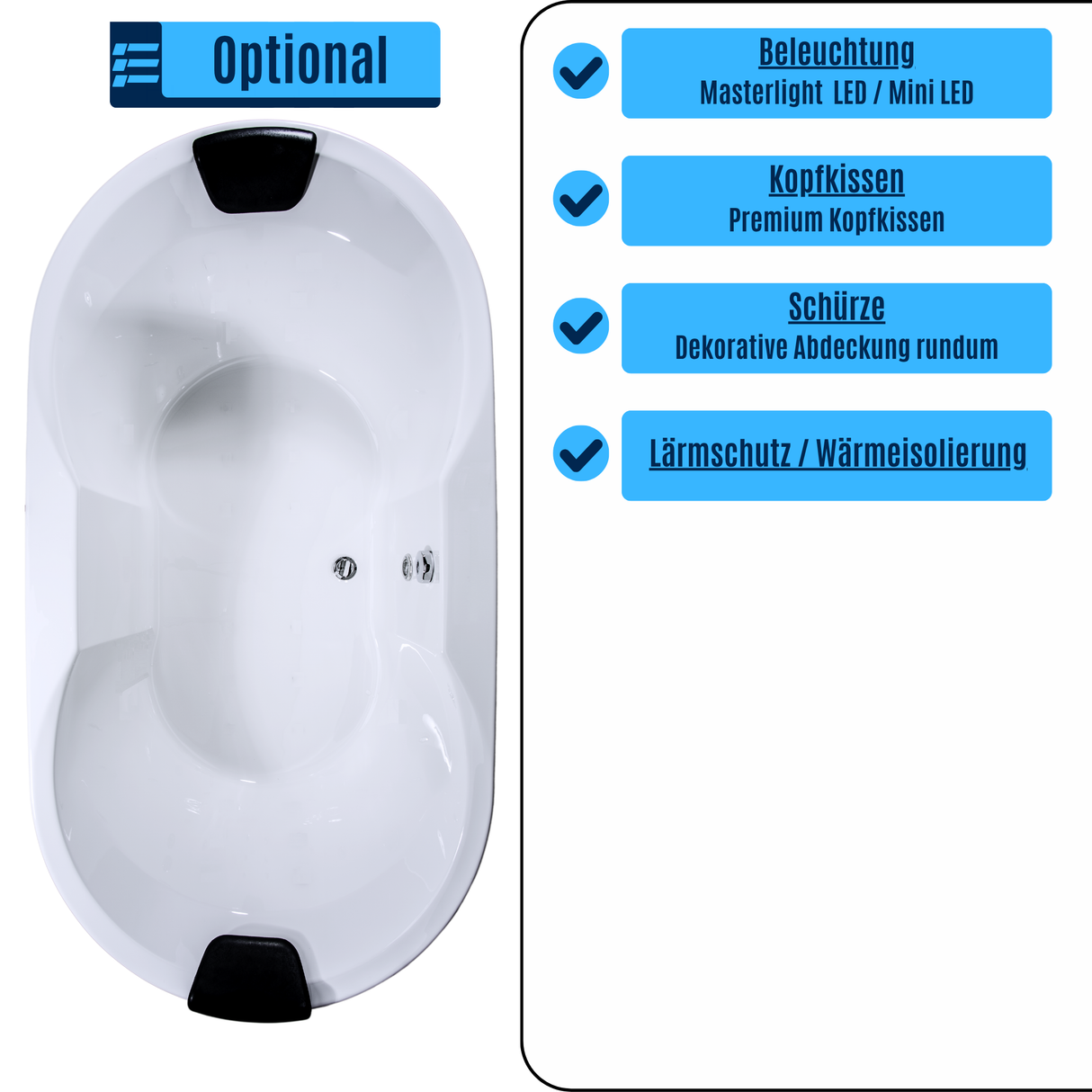 Miami Badewanne für 2 Personen - LED Ambiente, Viega Ab- und Überlauf und Kopfstützen