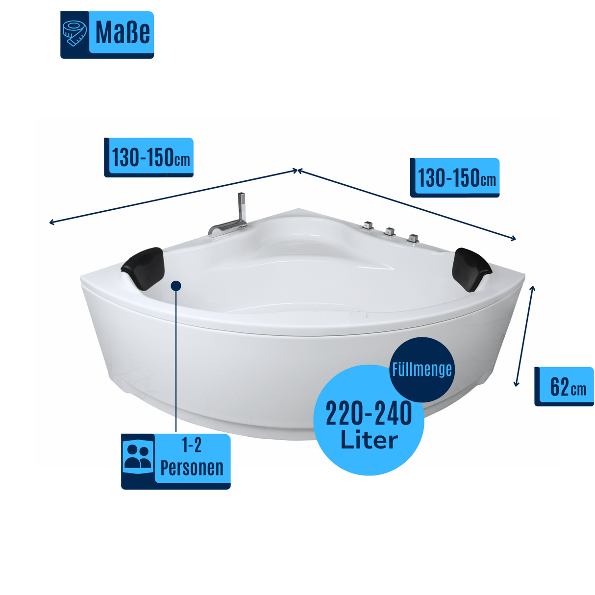 RIO Badewanne für 2 Personen - LED Ambiente, Wasserfall und Kopfstützen