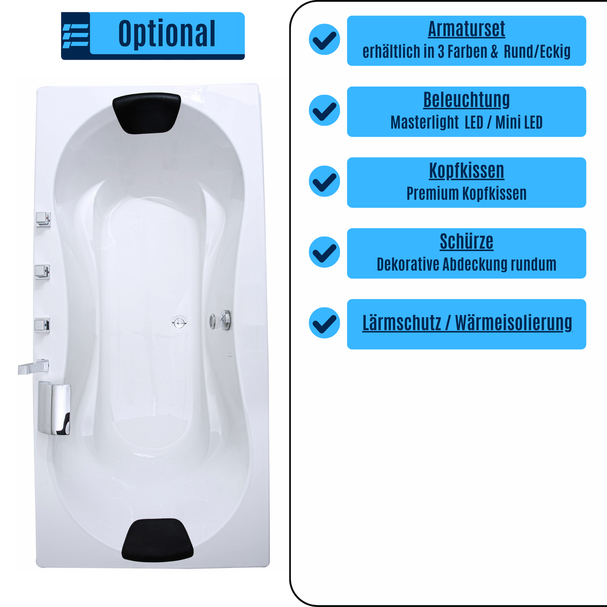 Trento Badewanne für 2 Personen - LED Ambiente, Wasserfall und Kopfstützen