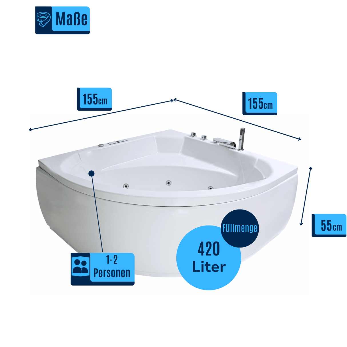 Apollo Indoor Eck-Whirlpool Badewanne - 25 Massagedüsen, LED, Ozon und Heizung