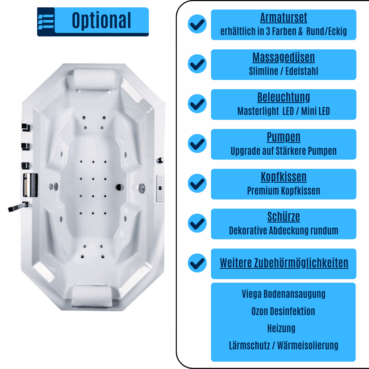 Barbados Indoor Whirlpool Badewanne – 24 Massagedüsen, LED, Ozon & Heizung