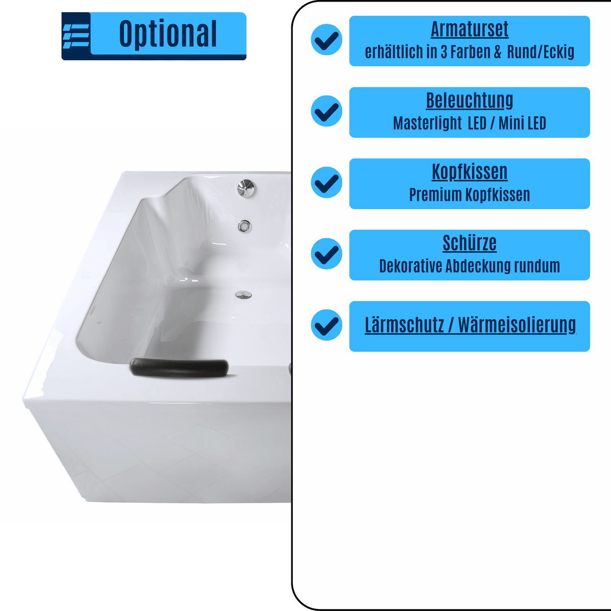 Classic Badewanne für 2 Personen - LED Ambiente, Wasserfall und Kopfstützen