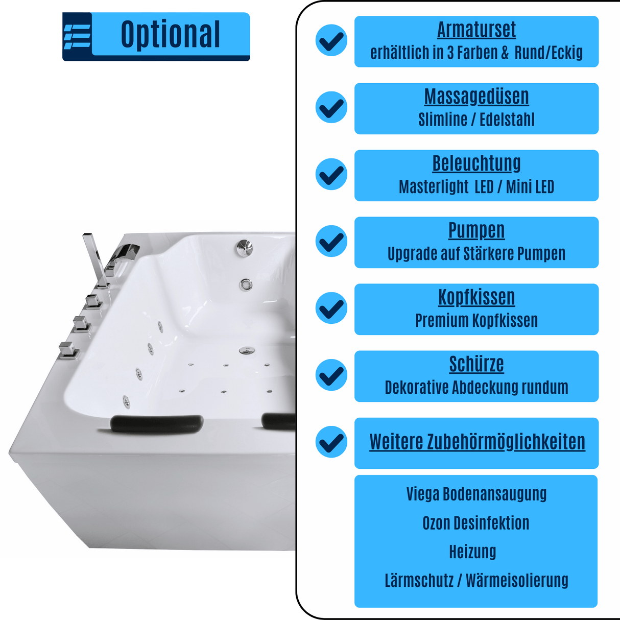 Classic Indoor Whirlpool Badewanne – 28 Massagedüsen, LED, Ozon & Heizung