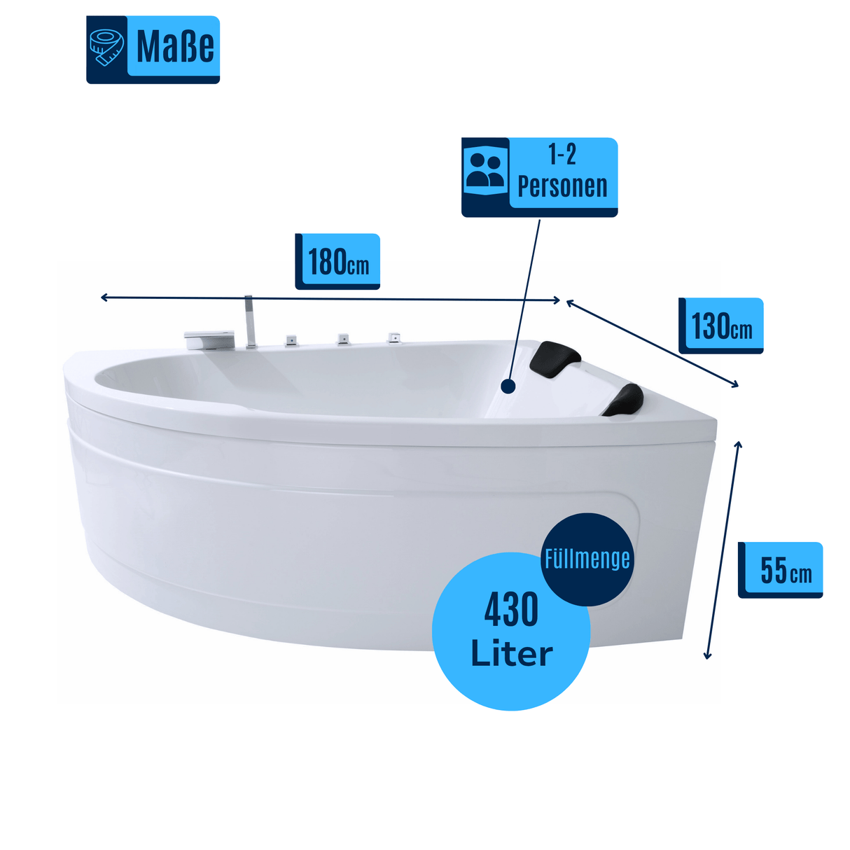 Delta-XL Badewanne für 2 Personen - LED Ambiente, Wasserfall und Kopfstützen
