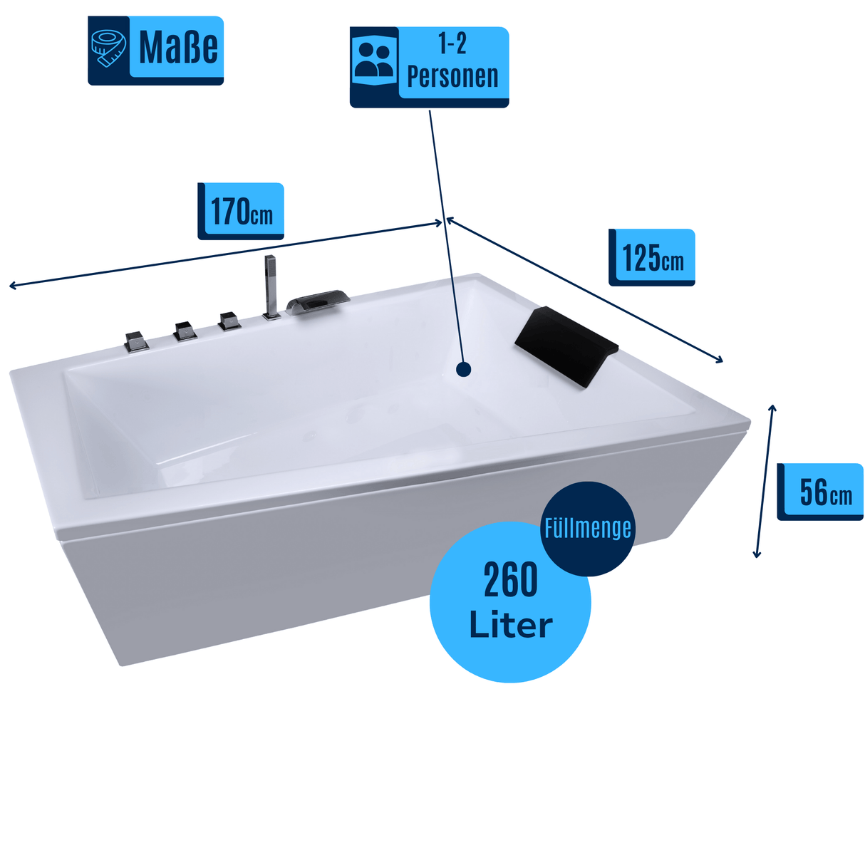 Diagool Badewanne für 2 Personen - LED Ambiente, Wasserfall und Kopfstützen