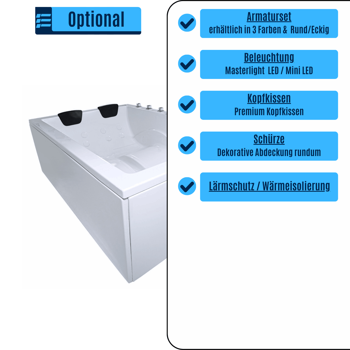 Dynasty Doppel-Badewanne für 2 Personen - LED Ambiente, Wasserfall und Kopfstützen