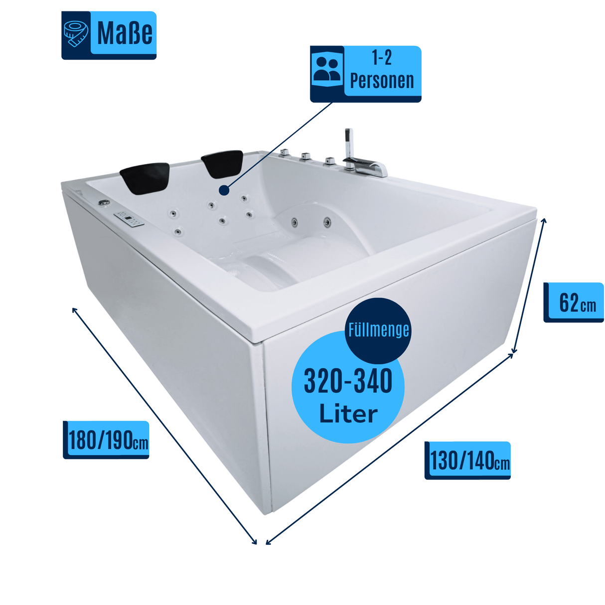 Dynasty XL Whirlpool Badewanne – 24 Massagedüsen, LED, Ozon & Heizung