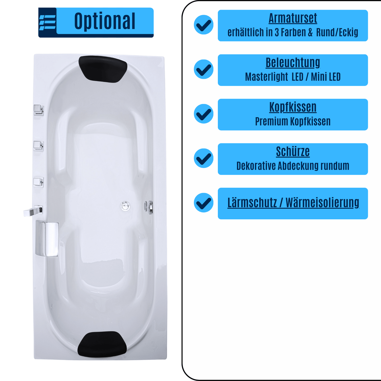 Komfort Badewanne - LED Ambiente, Wasserfall und Kopfstützen