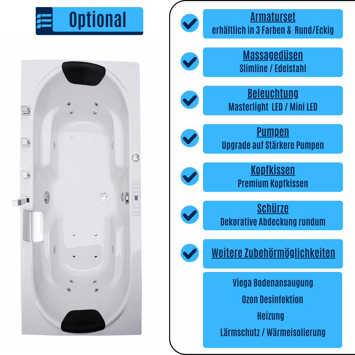Komfort Indoor Whirlpool Badewanne – 20 Massagedüsen, LED, Ozon & Heizung