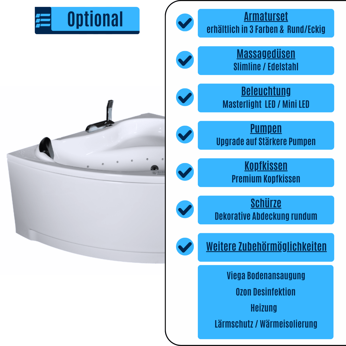 RIO Indoor Eck-Whirlpool Badewanne – 21 Massagedüsen, LED, Ozon & Heizung