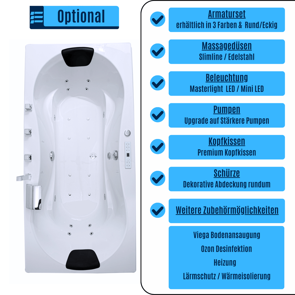 Trento Indoor Whirlpool Badewanne – 20 Massagedüsen, LED, Ozon & Heizung