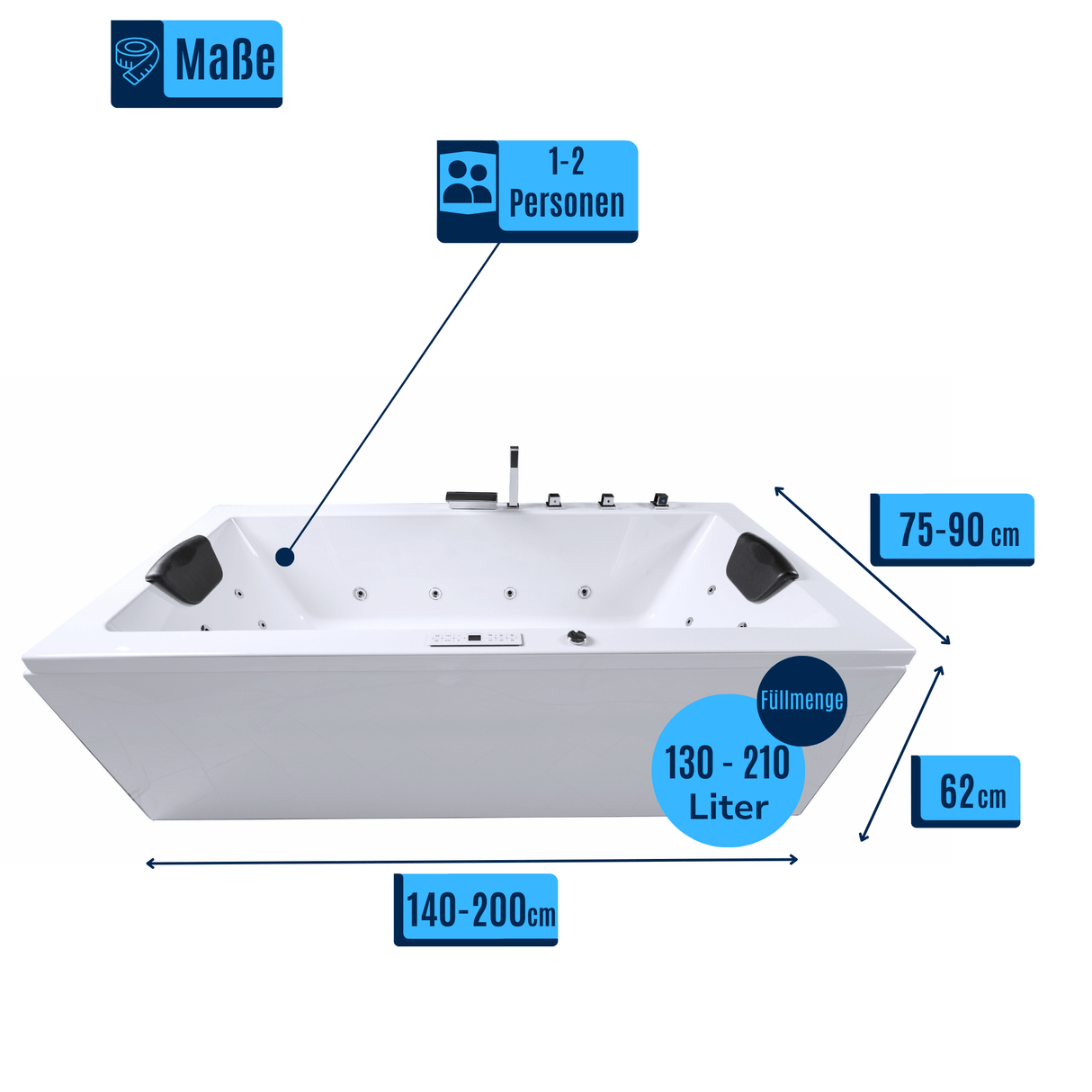 X-Tube Indoor Whirlpool Badewanne – 24 Massagedüsen, LED, Ozon & Heizung